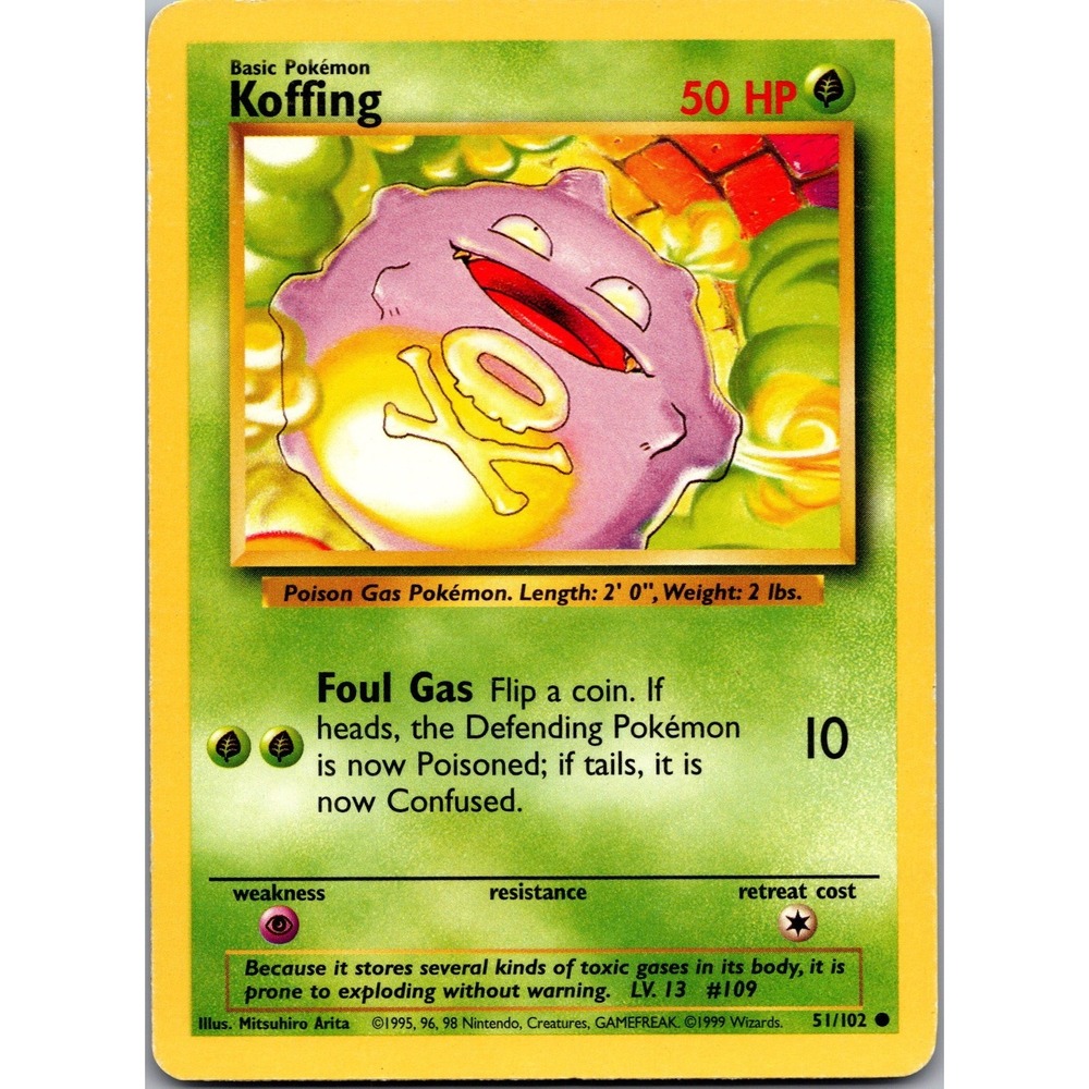 Koffing 51/102 Base Set Shadowless Pokemon Card Common LP Unlimited 1999